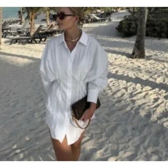Zara Dresses & Skirts - Zara‎ Women Pleated Poplin Shirt White Bloggers Fav Sz Extra Small